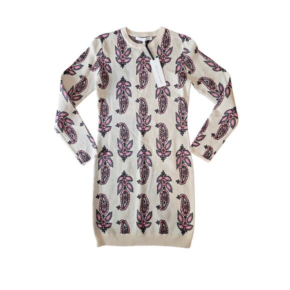 English factory long sleeve fitted sweater dress new womens medium cream pink - Picture 1 of 7